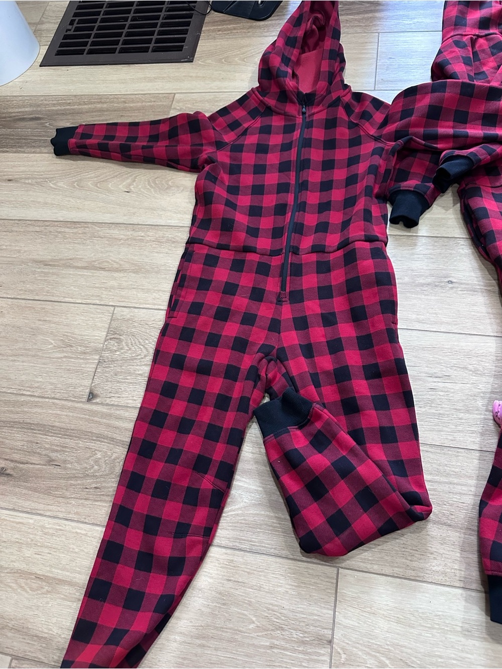 Fabletics Red and Black Buffalo Plaid Kids Hooded One-Piece Pajamas